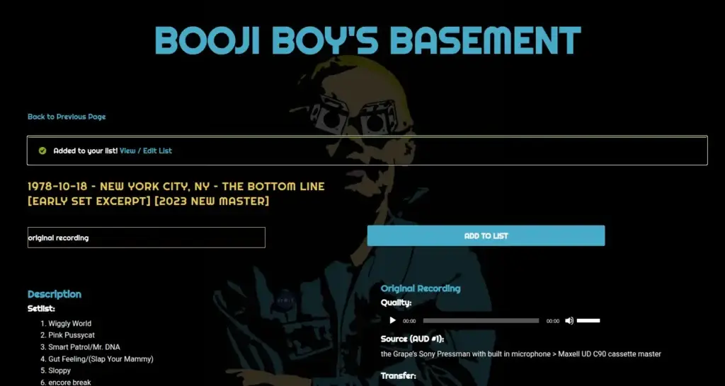 Booji Boy’s Basement recording page for the October 18, 1978 Bottom Line early set, with an audio player and Add to List button.
