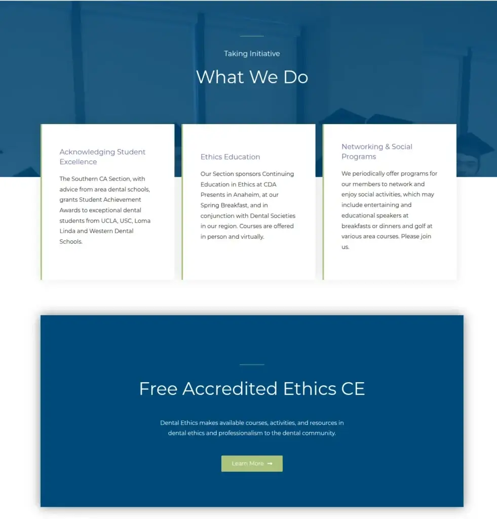 American College of Dentists, Southern California Section website showing program cards and an ethics-education panel.
