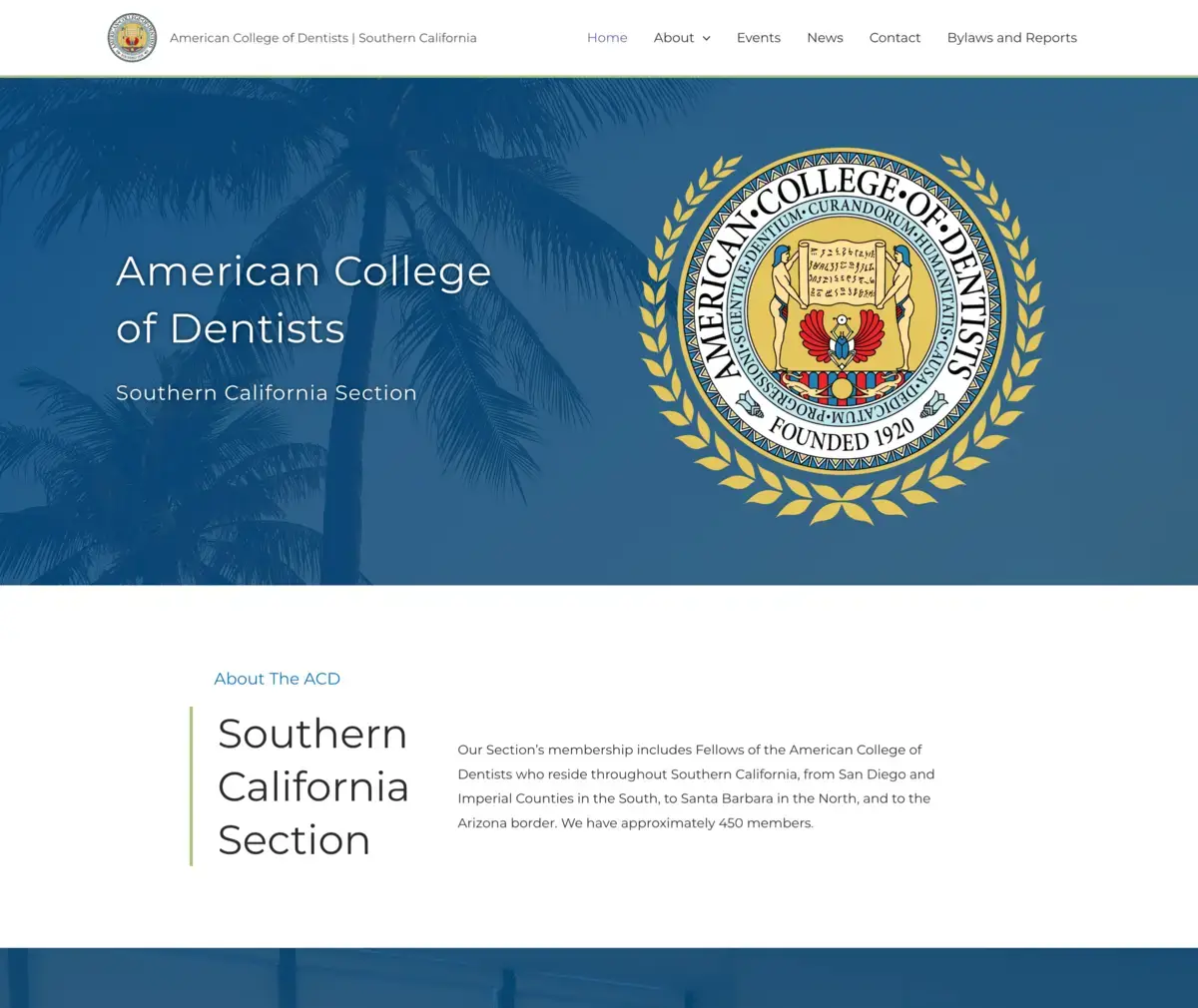 American College of Dentists, Southern California Section website preview.