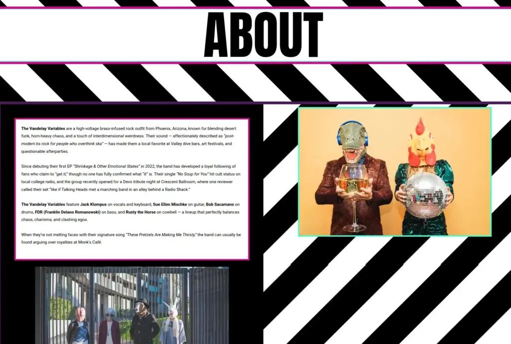 The Vandelay Variables About page with band biography and photographs on a black-and-white striped background.