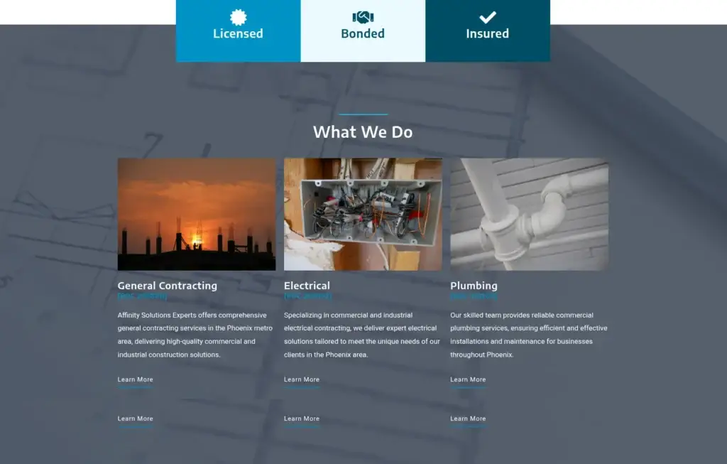 Affinity Solutions Experts service overview with general contracting, electrical and plumbing cards.