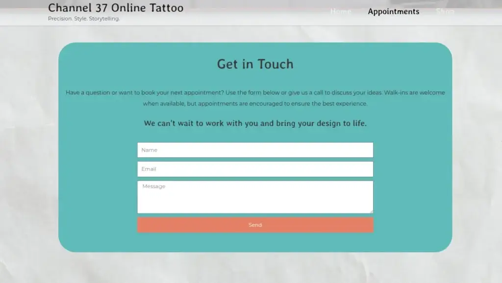 Tattoo Artist appointment page with a turquoise contact form and coral Send button.