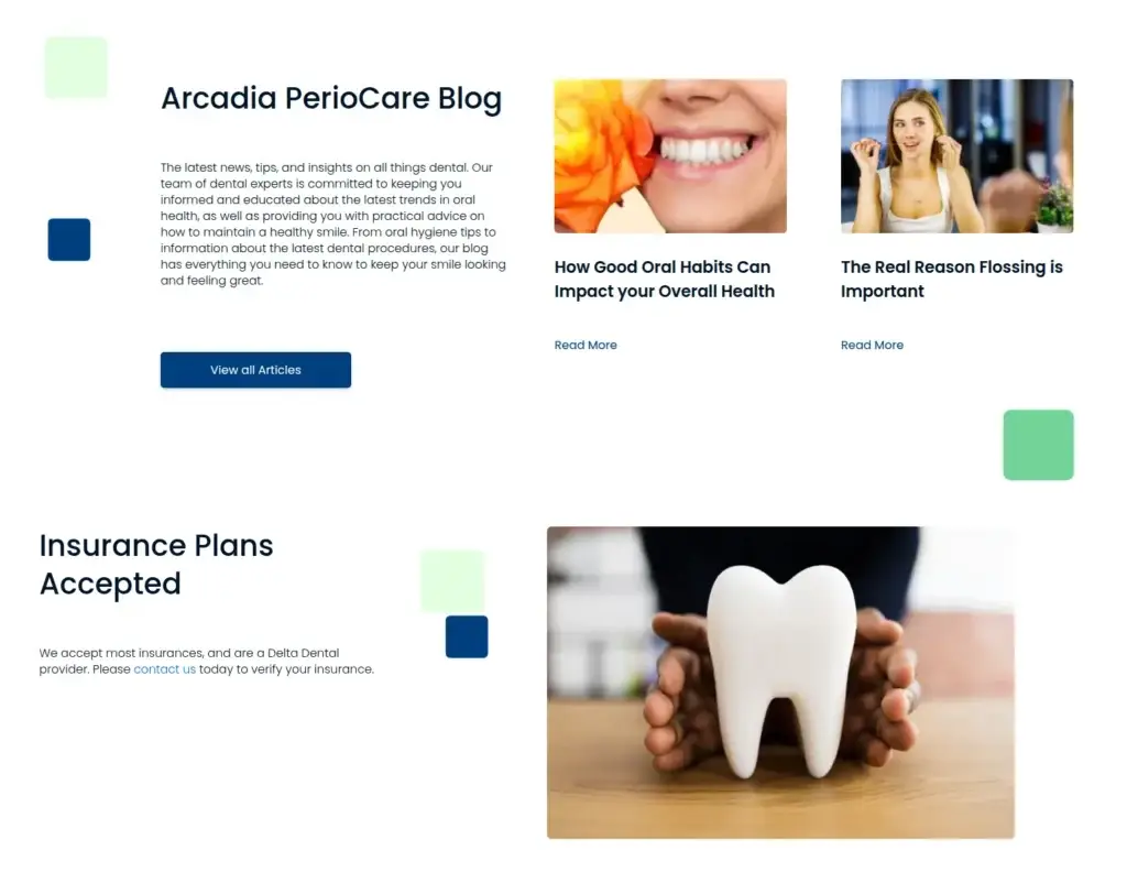 Arcadia PerioCare blog previews above an accepted-insurance section with a tooth-model photograph.