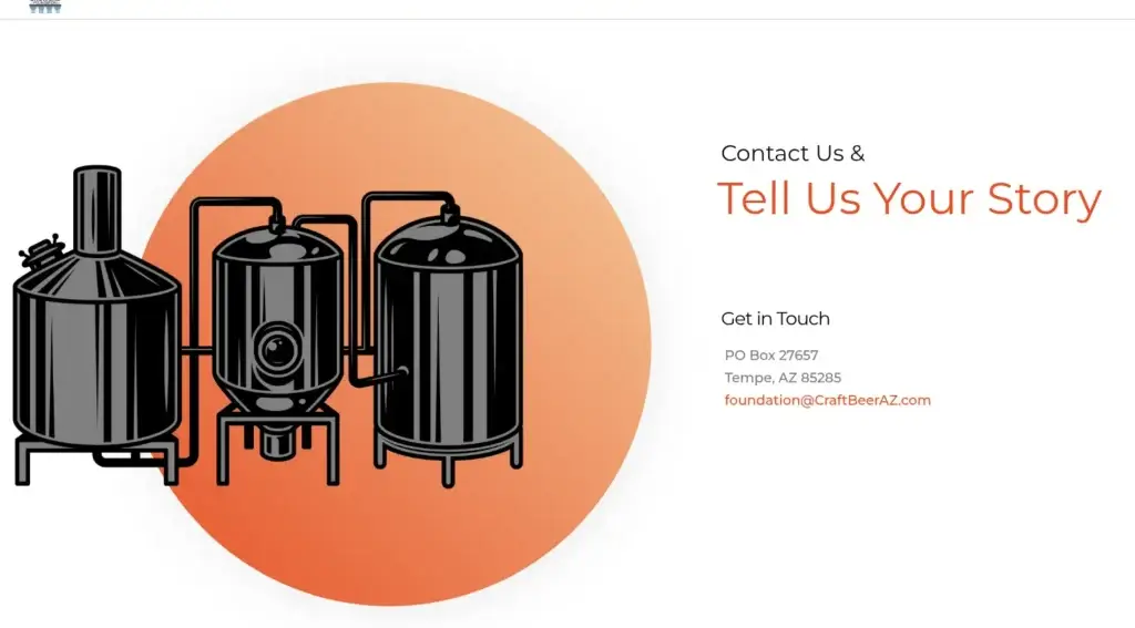 Arizona Craft Brewers Foundation contact section with illustrated brewing tanks beside postal and email details.