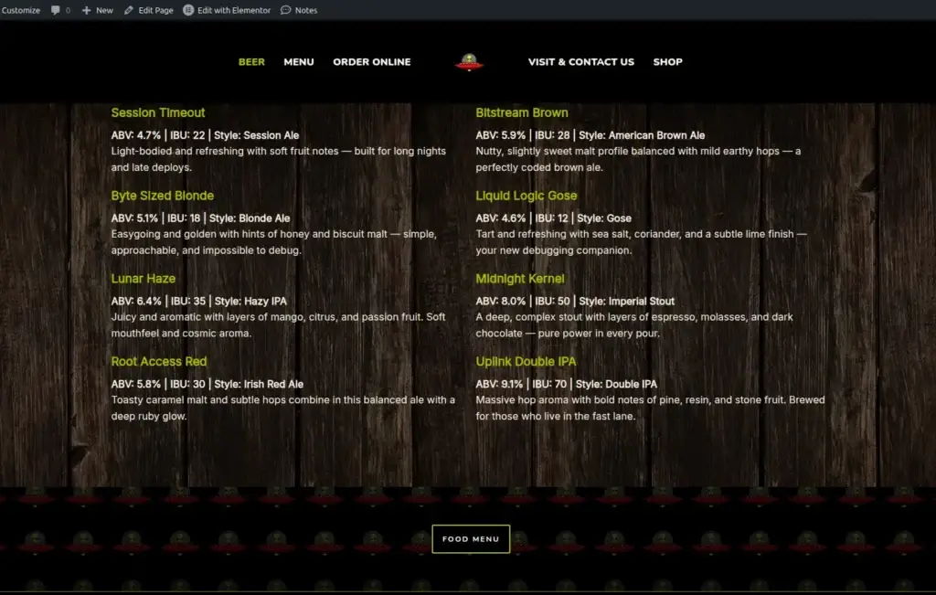 Green Brewery beer list in two columns with green headings on a dark wood background.