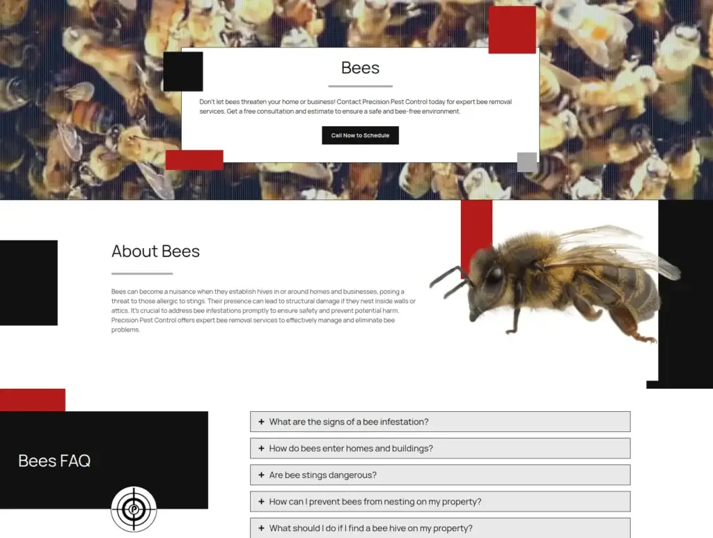 Precision Pest Control bee-removal page with bee photographs, service information and an FAQ accordion.