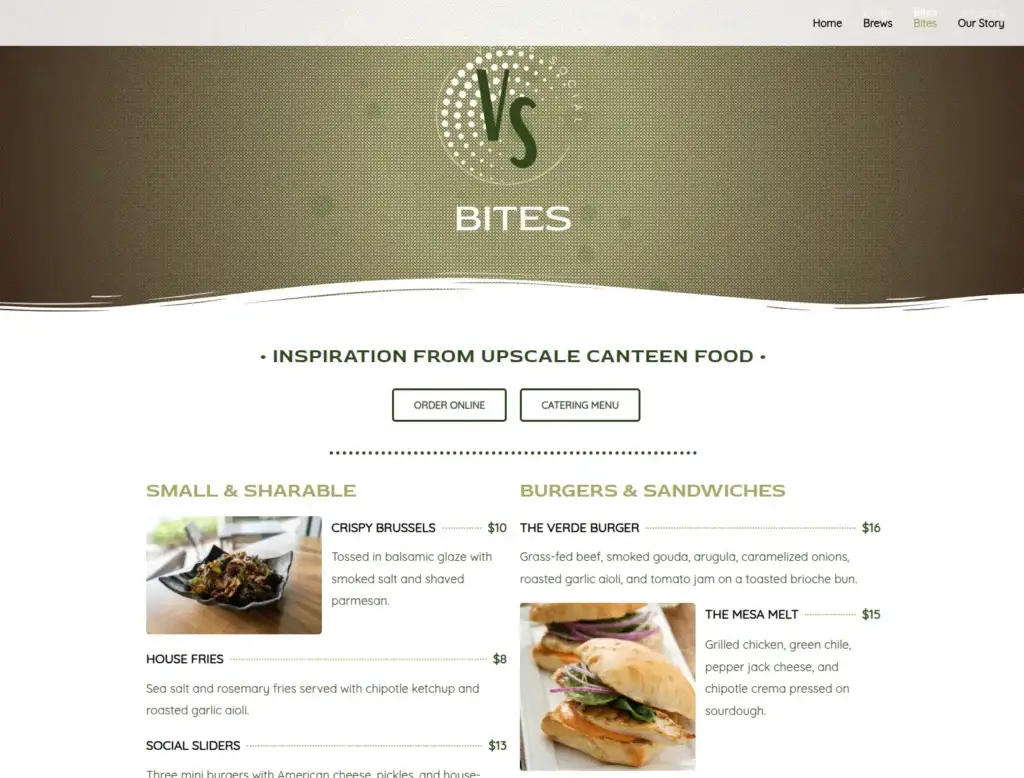 Verde Social food menu with two columns, food photographs, and online-ordering and catering buttons.