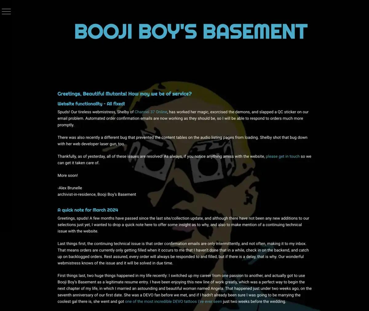 Booji Boy’s Basement website preview.