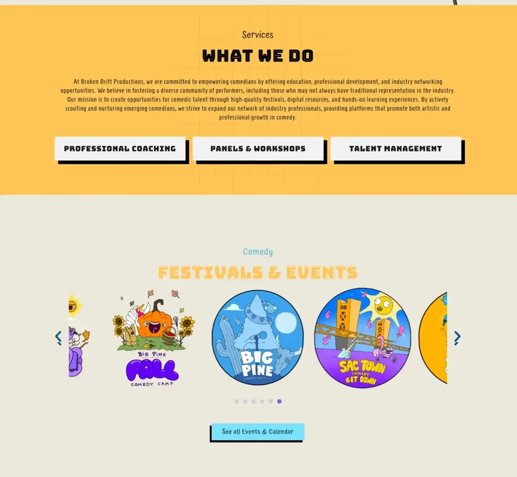 Broken Drift Productions services summary above a carousel of comedy festival and event graphics.