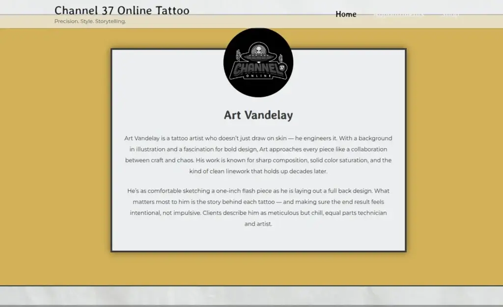 Tattoo Artist website biography section displayed in a framed card on a yellow background.
