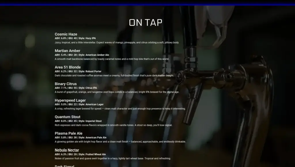 Blue Brewery on-tap beer list over a photograph of brewery taps.
