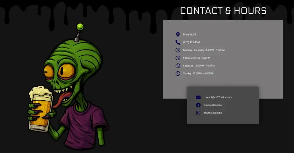 Blue Brewery contact and hours section with an illustrated alien holding a beer beside the business information.
