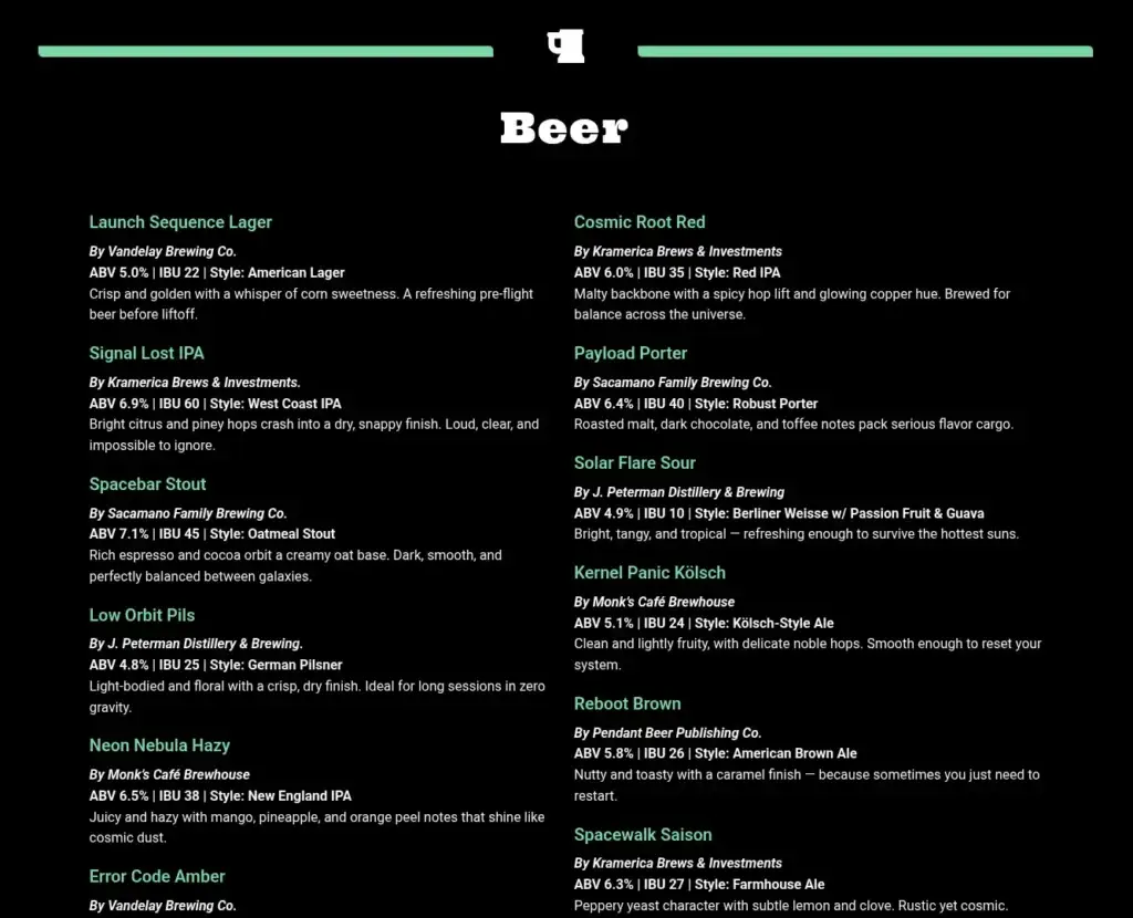 Taproom website beer list in two columns with mint-green headings on a black background.