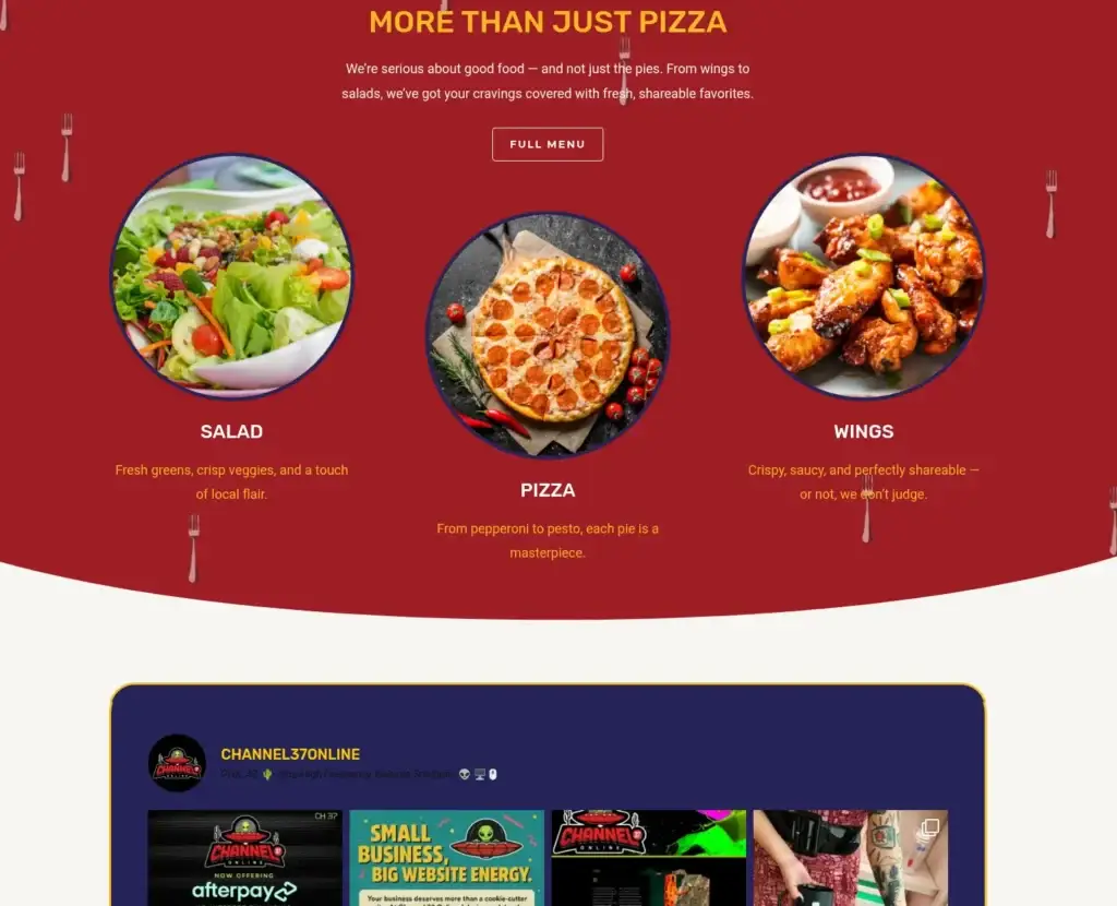Pizza Shop website food highlights with circular salad, pizza and wings photos above a social-media feed.