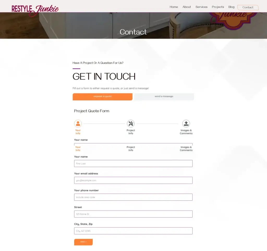 Restyle Junkie contact page with quote-request and message tabs and a multi-step project form.