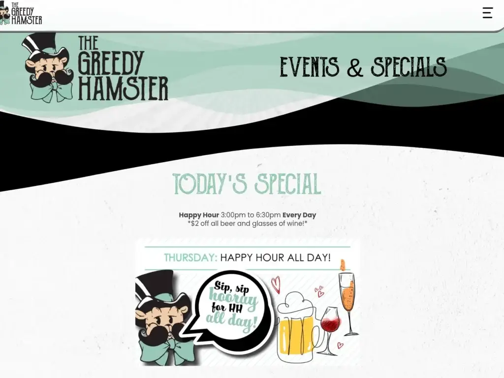 The Greedy Hamster events and specials page showing the daily happy-hour promotion.