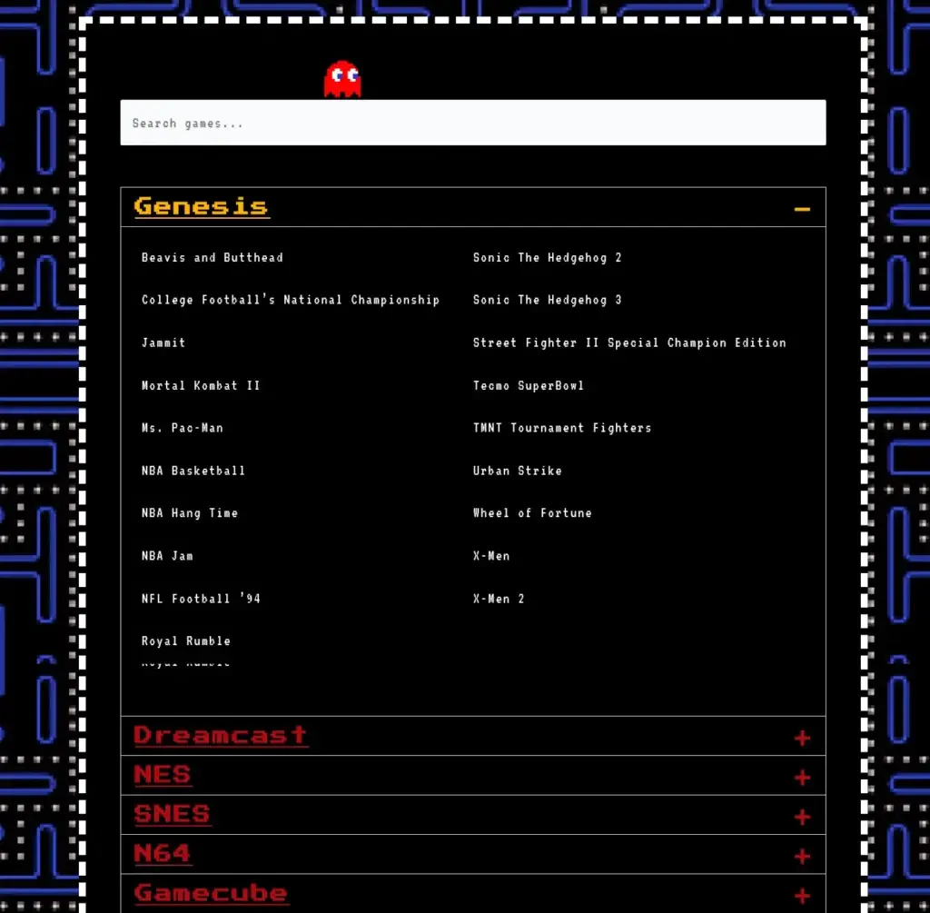 Endgame Bar searchable game catalog with console accordions and retro arcade styling.