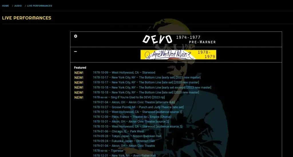 Booji Boy’s Basement live-performance archive with expandable era headings and dated recording links.