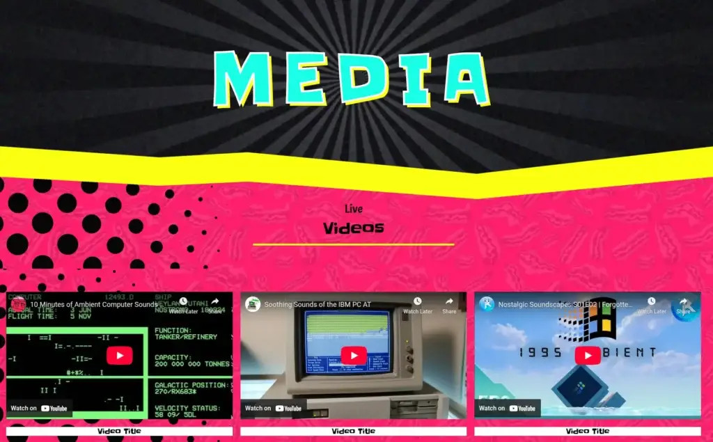 Funky Band media page with a pink background and a row of embedded video previews.