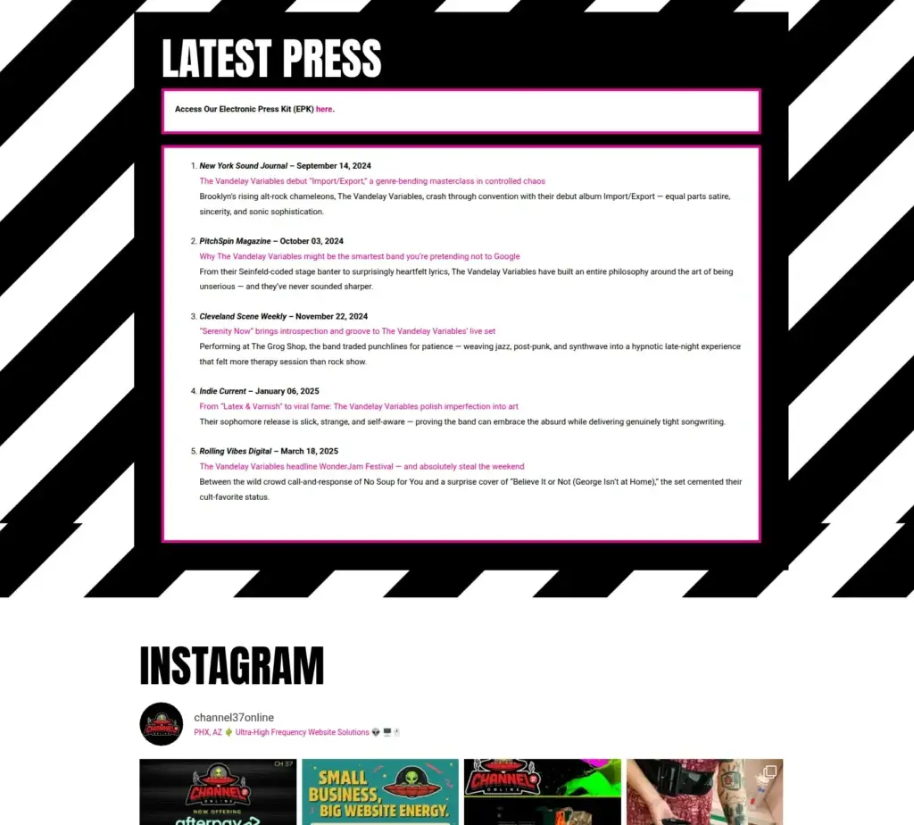 The Vandelay Variables media page showing press coverage and an Instagram feed.