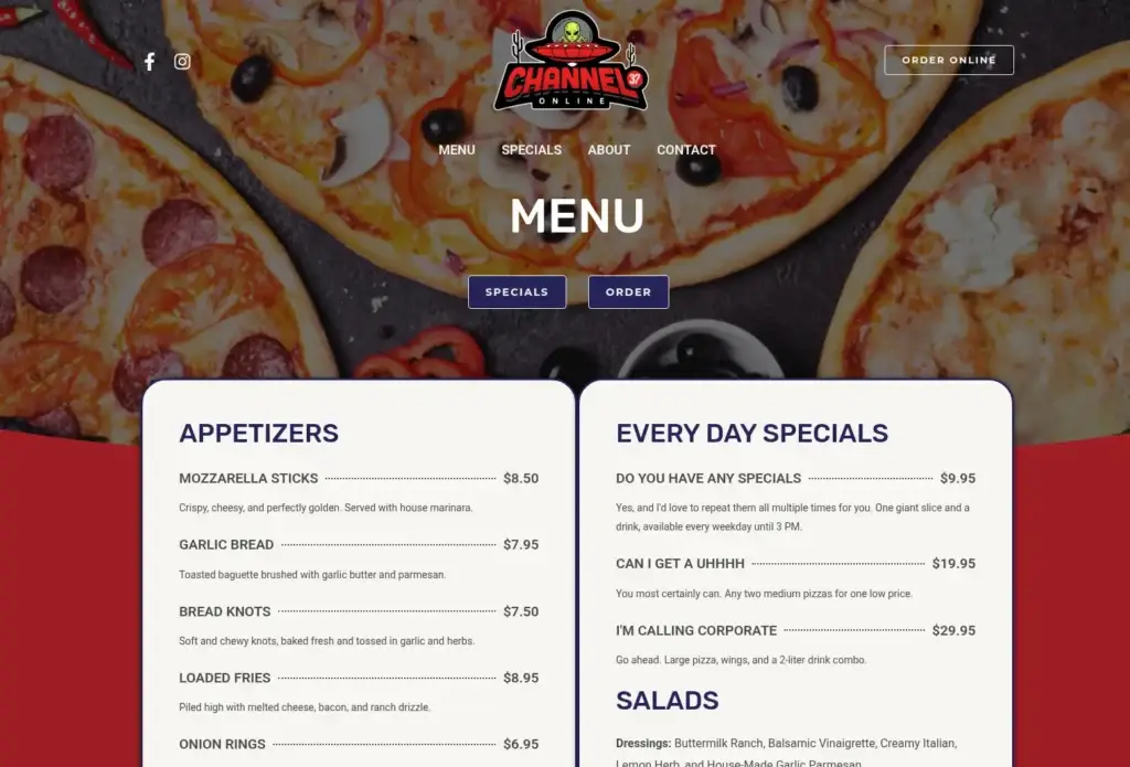 Pizza Shop menu page with a pizza-photo header and two-column food and specials panels.