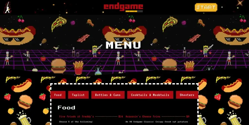 Endgame Bar food and drink menu with category tabs, pixel-art food illustrations and retro arcade styling.