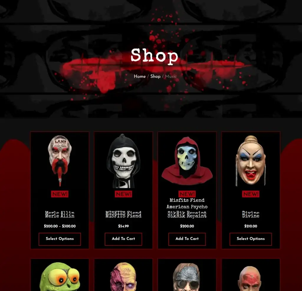 SikRik Masks music collection in a red-and-black product grid with mask photos and purchase buttons.