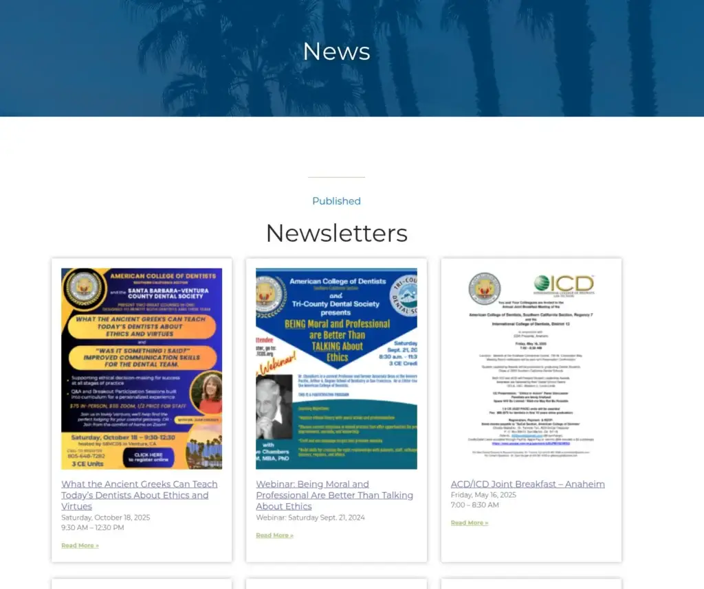American College of Dentists, Southern California Section news page with newsletter and event cards.