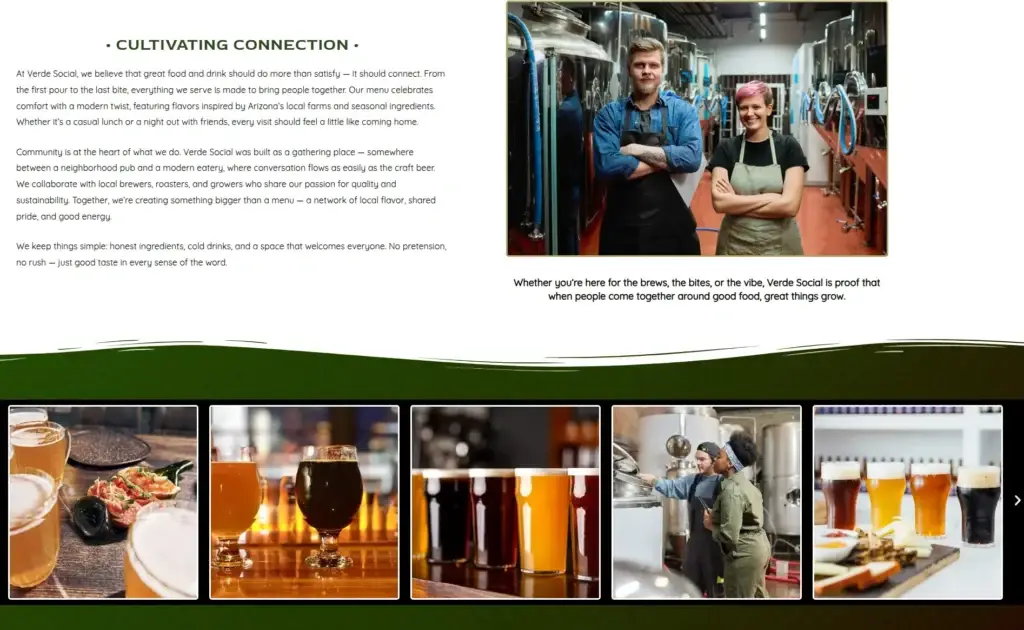 Verde Social Our Story section with brewery staff photography and a food-and-beer image carousel.