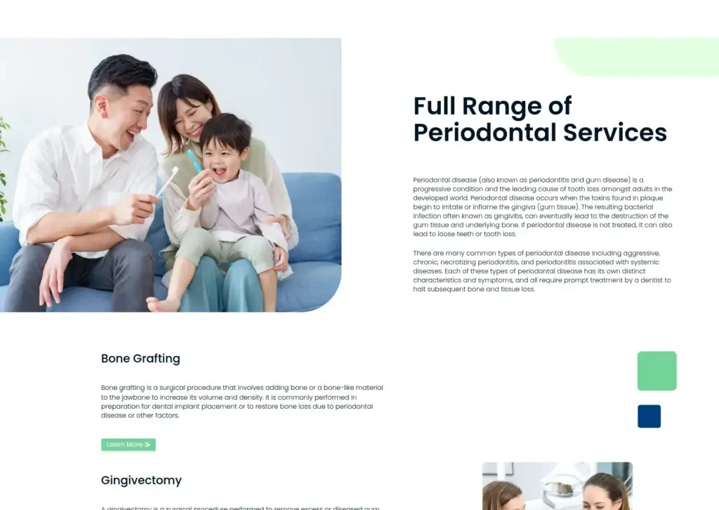 Arcadia PerioCare periodontal-services page with a family photograph and treatment information.