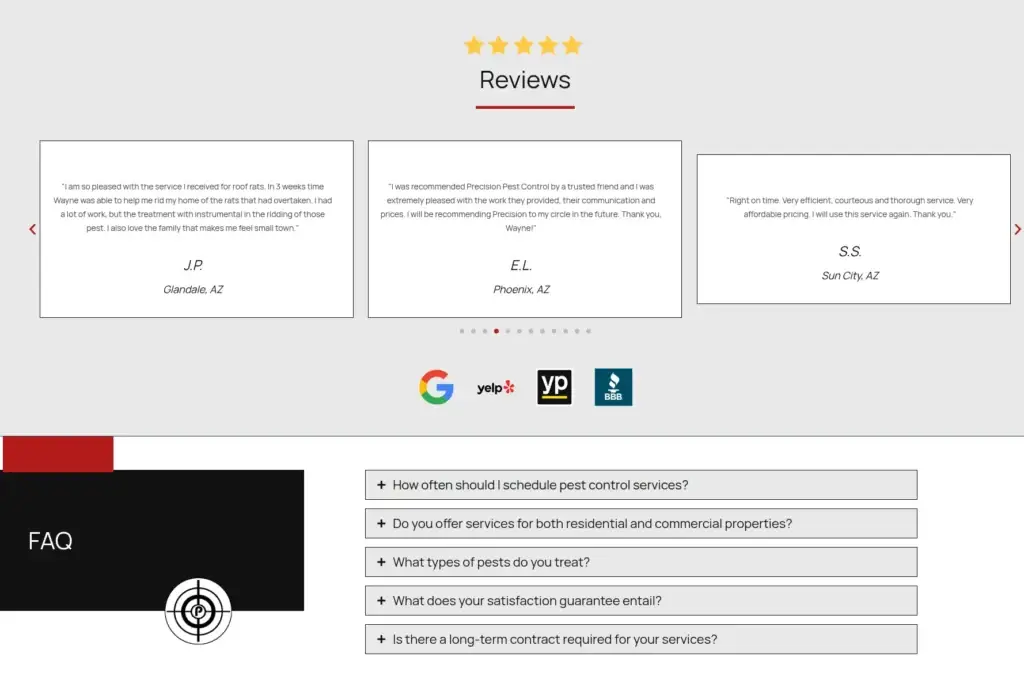 Precision Pest Control customer-review carousel above a frequently asked questions section.
