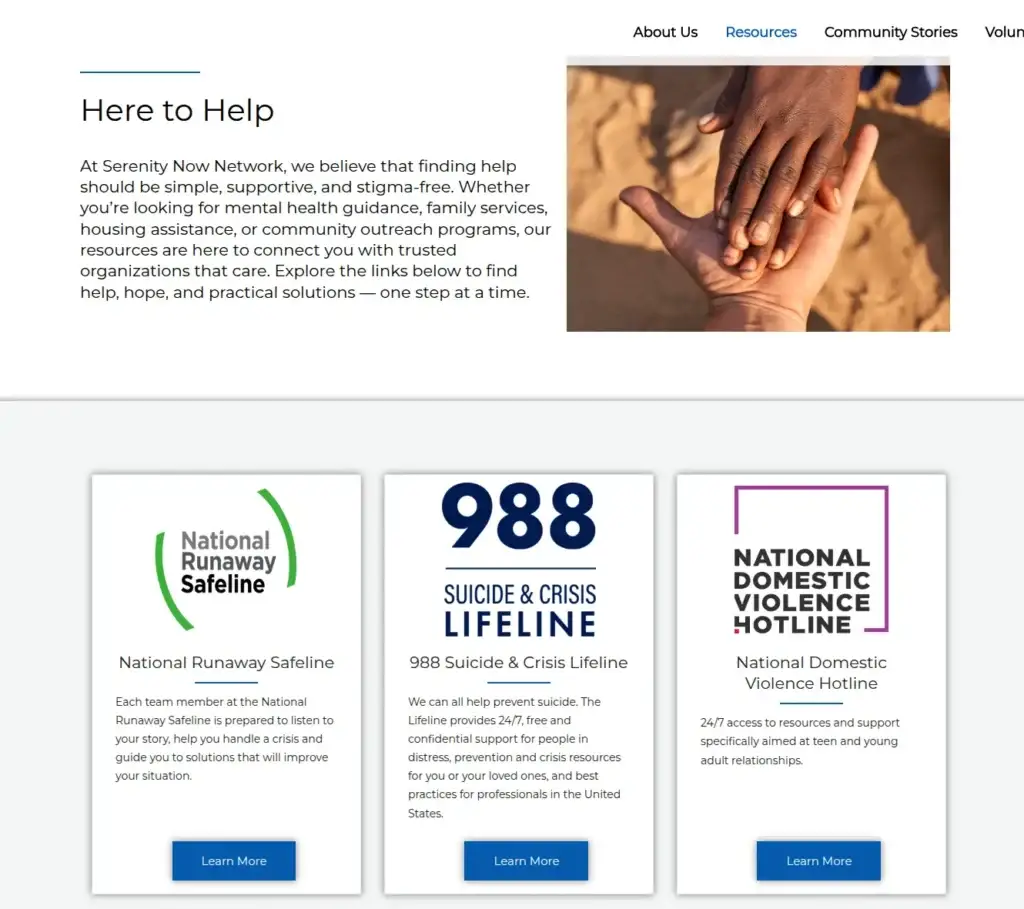 Serenity Now Network resources page with support-organization cards and Learn More buttons.