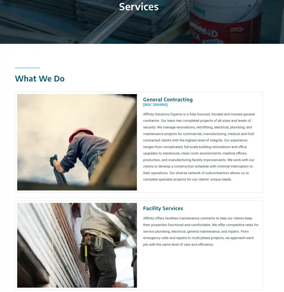 Affinity Solutions Experts services page with general-contracting and facility-services information beside worksite photographs.