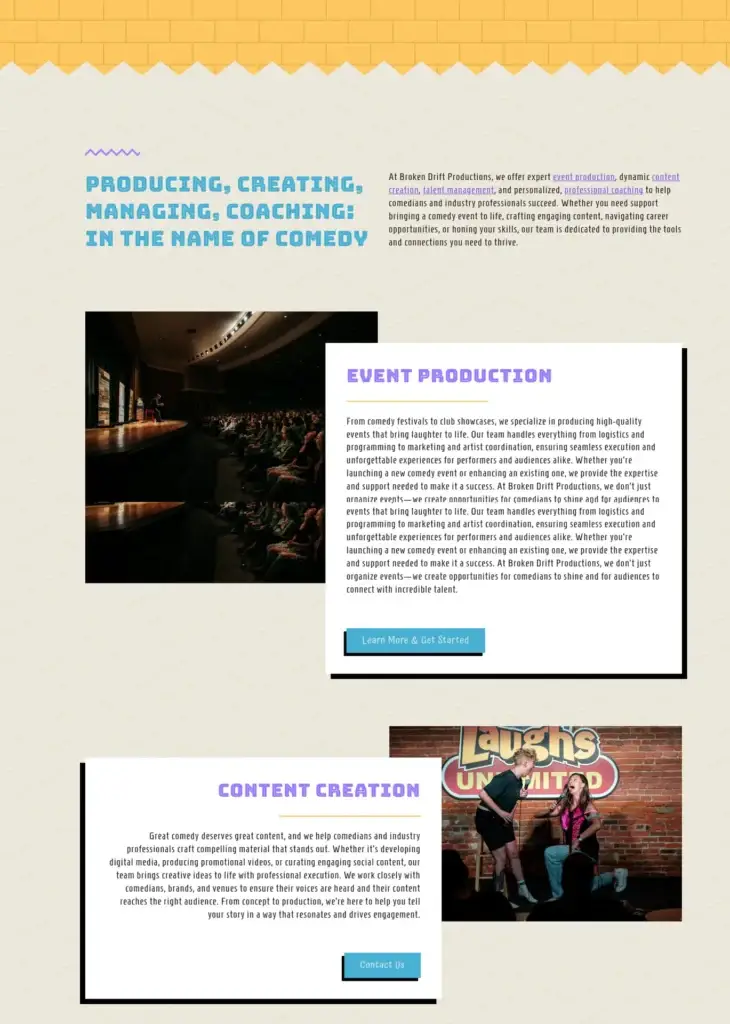 Broken Drift Productions services page with event-production and content-creation panels beside photographs.