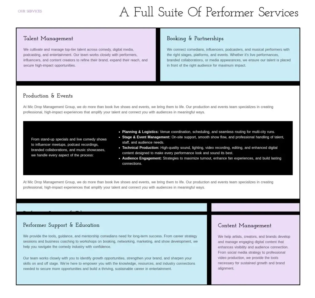 Mic Drop Management Group performer services arranged in blue and purple panels with bold black borders.