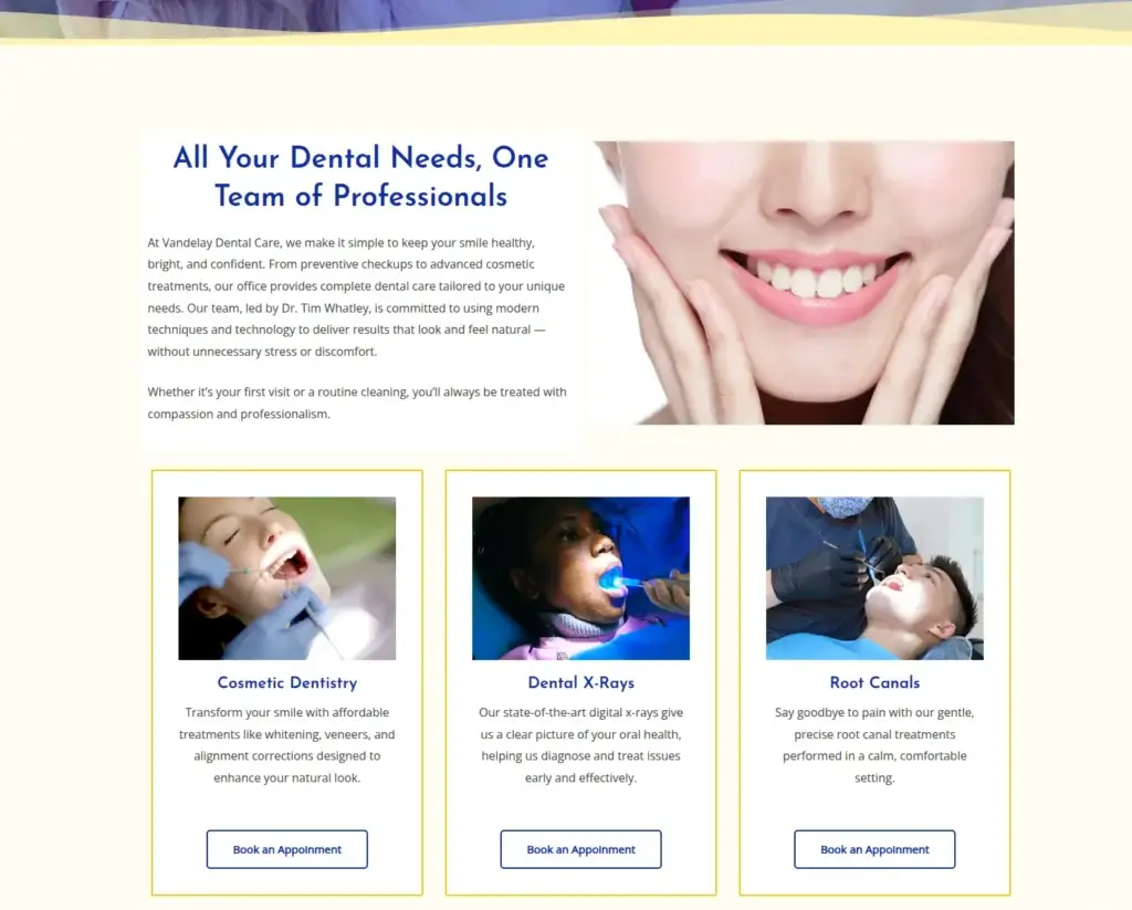 Vandelay Dental Care services page with treatment photographs and appointment buttons.
