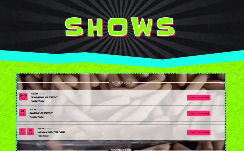 Funky Band shows page with a neon-green event calendar and pink ticket buttons.