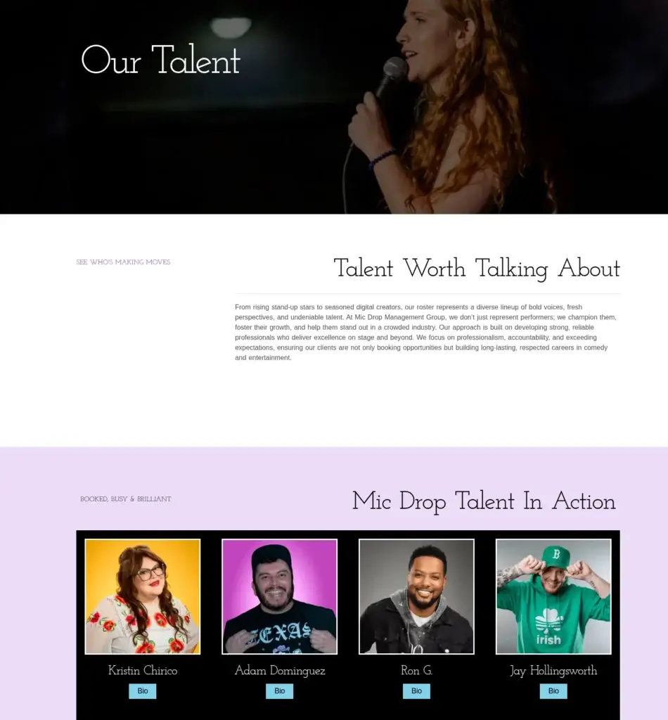 Mic Drop Management Group talent page with performer portraits and biography buttons.