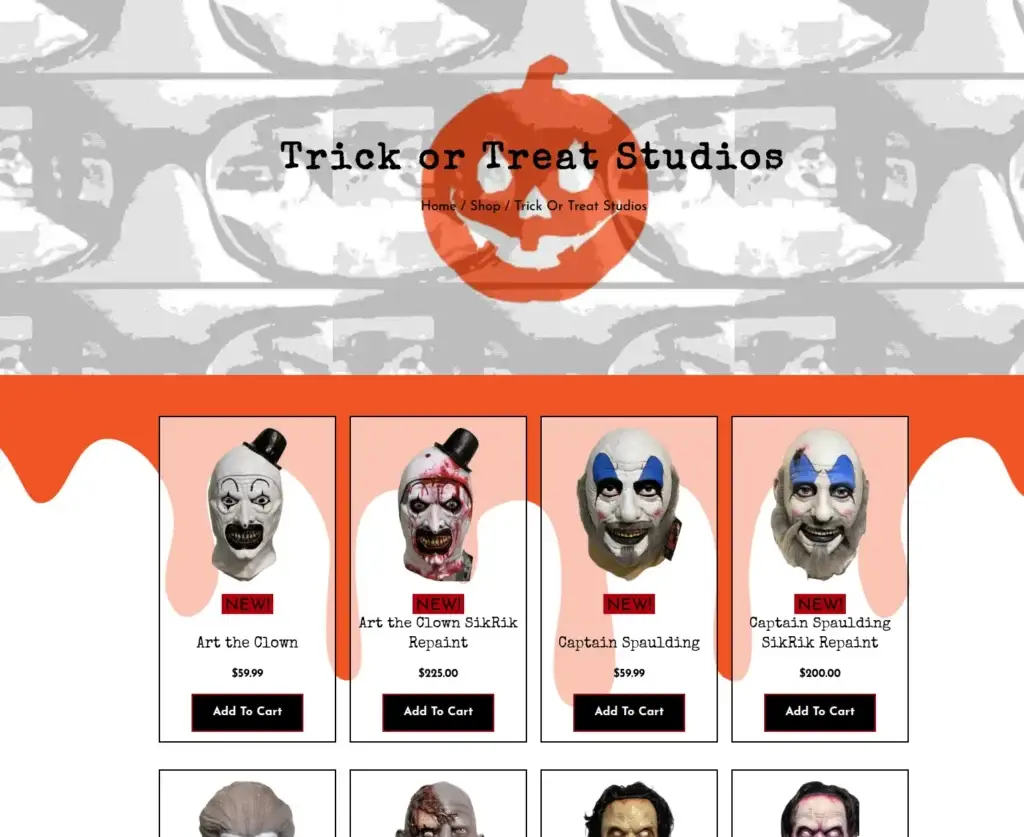 SikRik Masks Trick or Treat Studios collection with orange accents and a grid of horror masks.