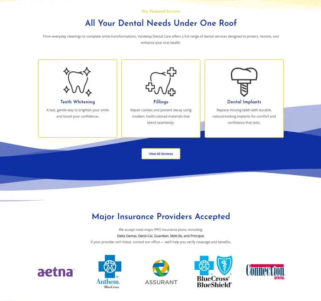 Vandelay Dental Care featured-service cards above accepted-insurance logos.