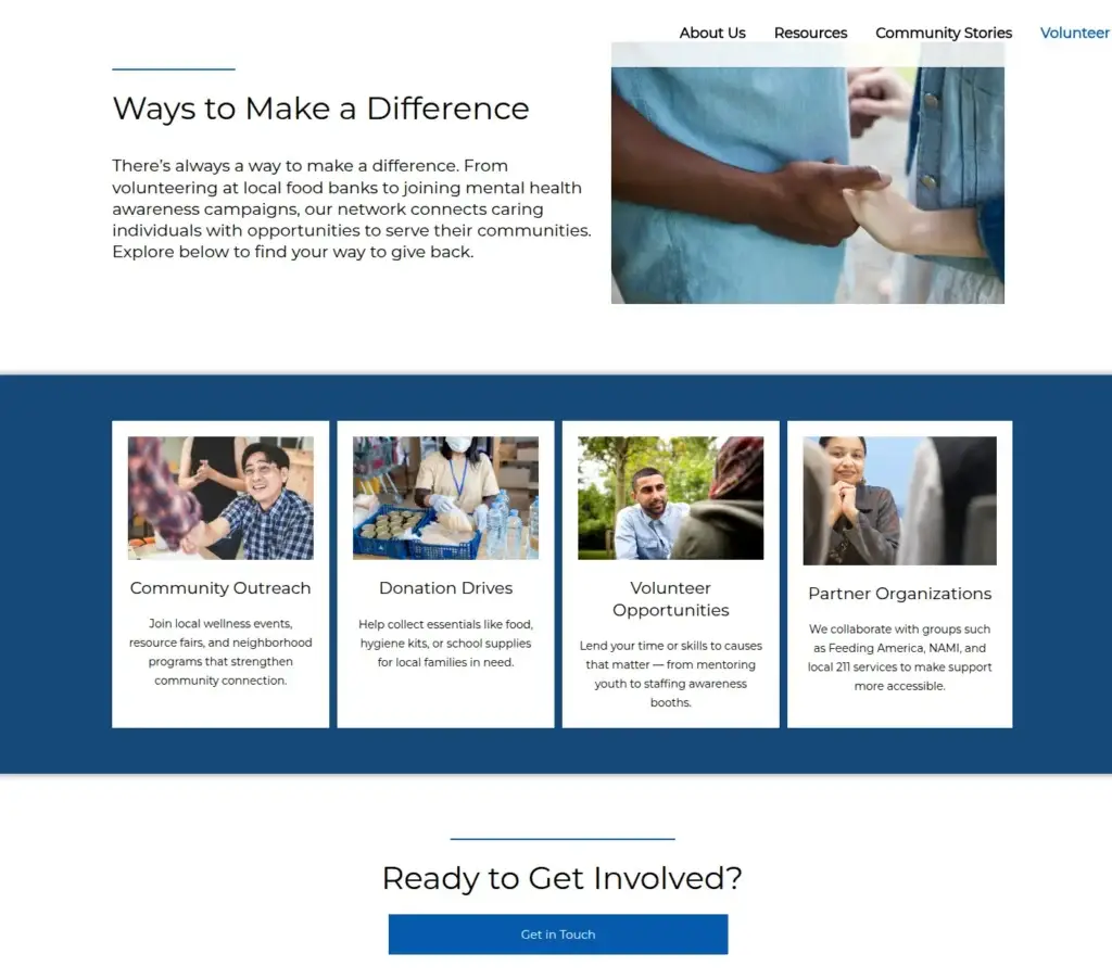 Serenity Now Network volunteer page with community-outreach, donation, volunteering and partner-organization cards.