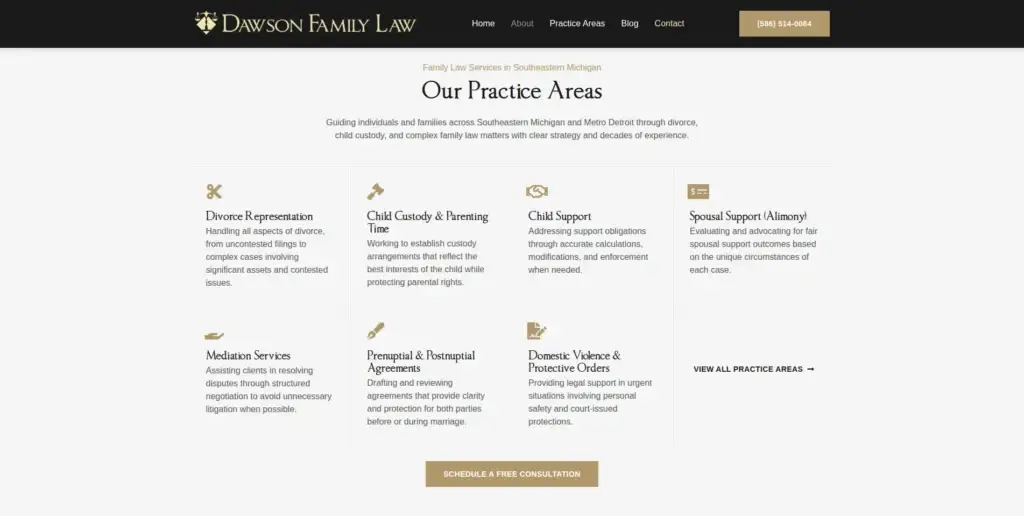 Dawson Family Law practice-area overview with a grid of services and a consultation button.