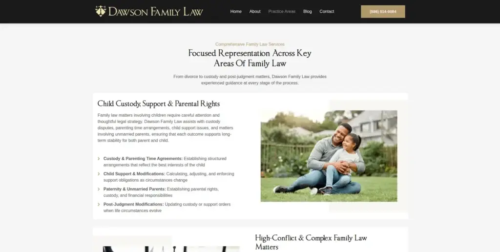 Dawson Family Law practice-area page showing child custody, support and parental-rights information beside a family photograph.