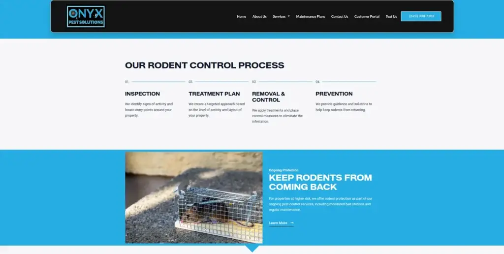 Onyx Pest Solutions rodent-control page with a four-step process and ongoing-protection section.